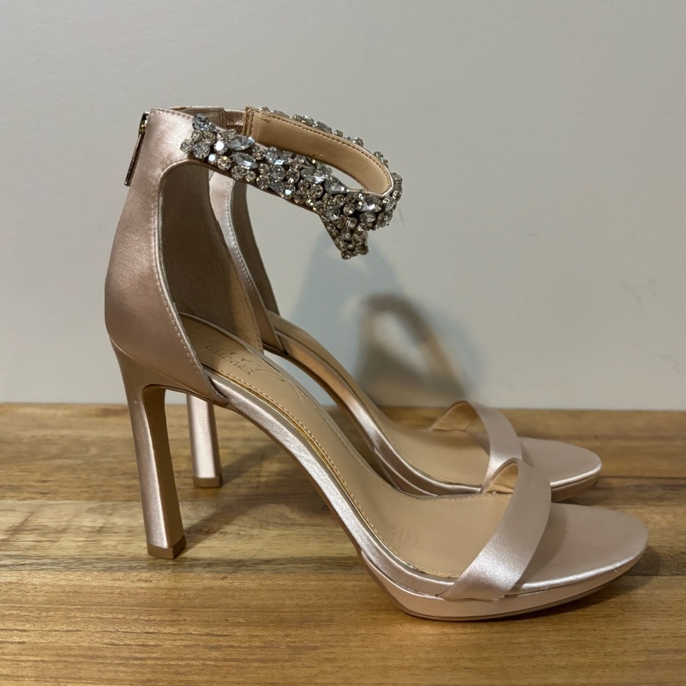 Jewel Badgley Mischka Blush Satin Heel Crystal Ankle Strap | Wms Sz 8 1/2 | NEW
